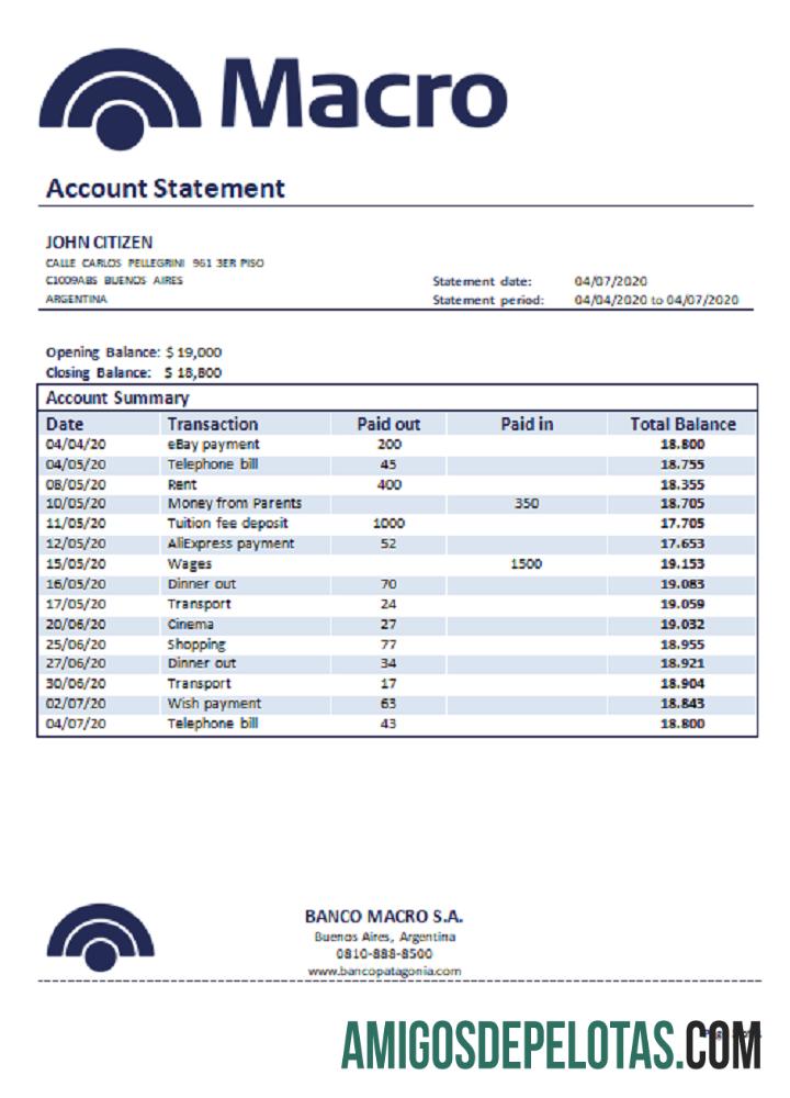 Argentina Banco Macro S.A. extrato bancário amostra